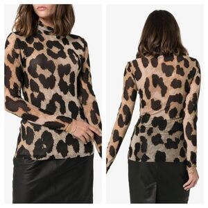GANNI LEOPARD TURTLENECK MESH TOP